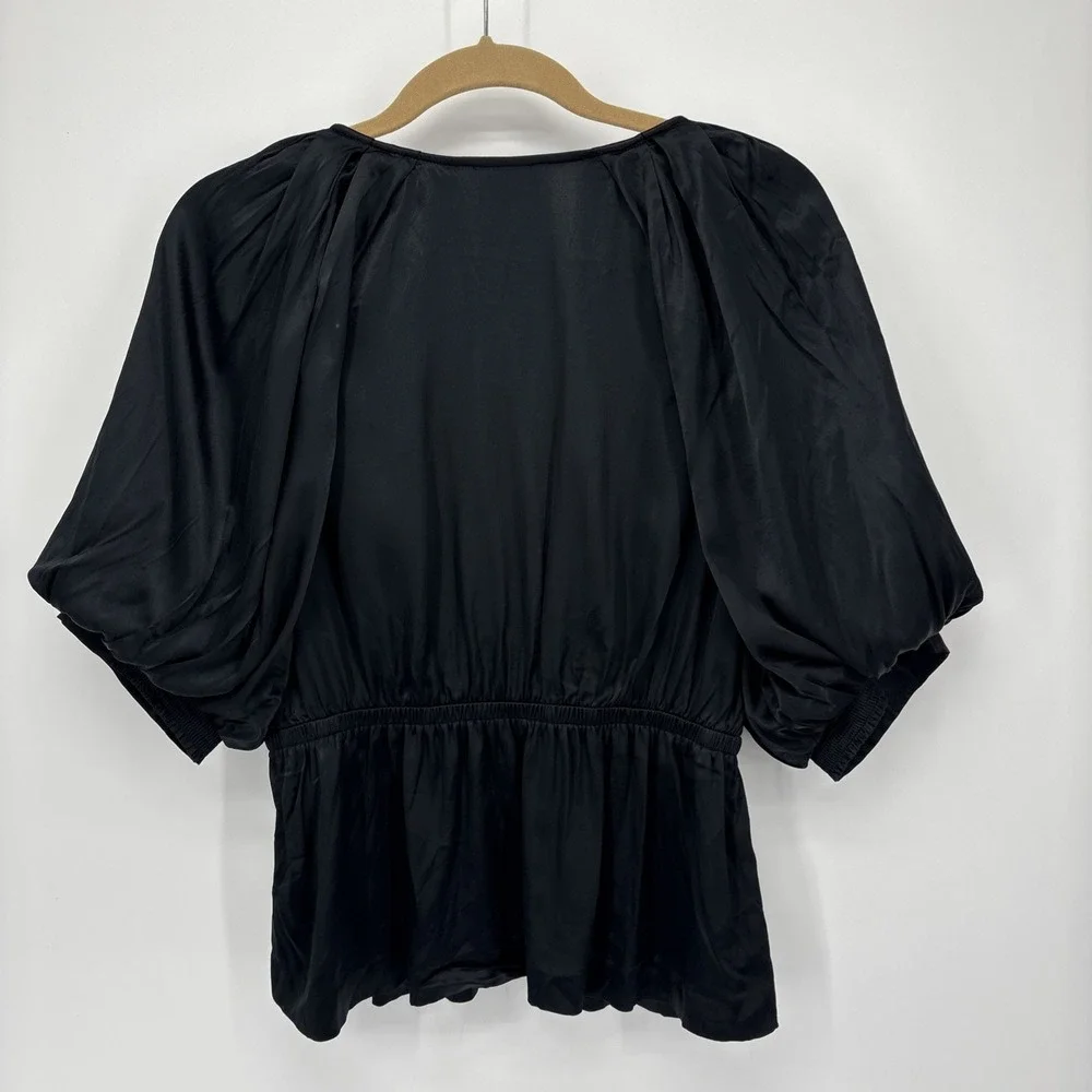 Madewell Shirred Puff-Sleeve Satin Top Large Black Kathleen Witchy Ren Faire